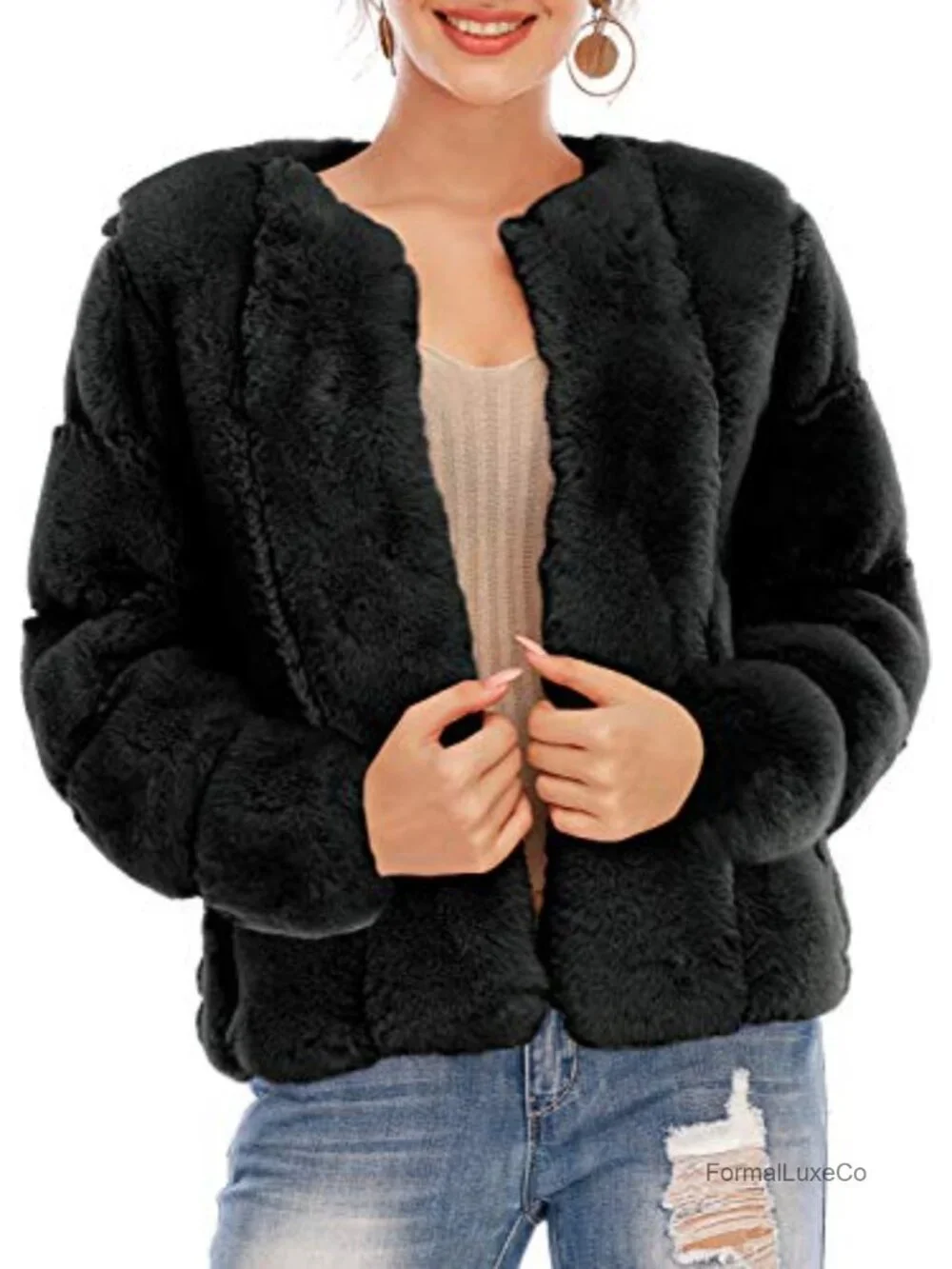 Luxurious Long Sleeve Faux Fur Coat Open Front Cocoon Style